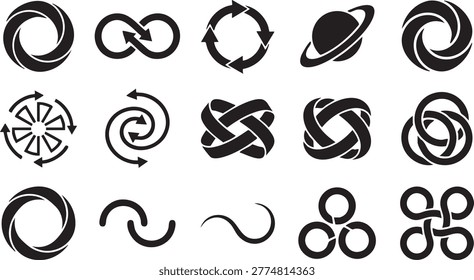 Rotating arrow symbols, orbital path designs, eternal cycle graphics, repetitive movement icons.