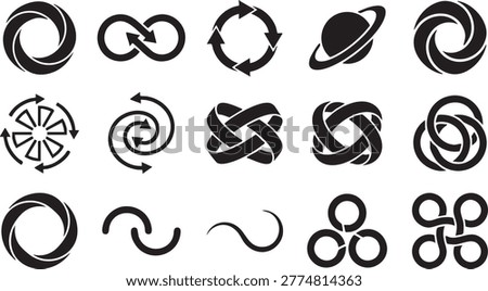 Rotating arrow symbols, orbital path designs, eternal cycle graphics, repetitive movement icons.