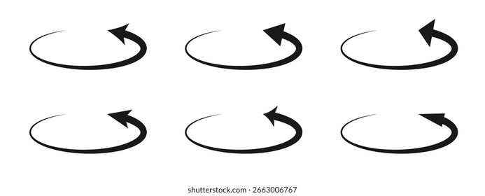 Conjunto de iconos negros de flechas giratorias. Actualizar, repetir, repetir, recargar, Restablecer. Signo de flecha circular. Elemento de diseño de Vector para una interfaz, App, proyecto, logotipo. Aislado en un fondo blanco.