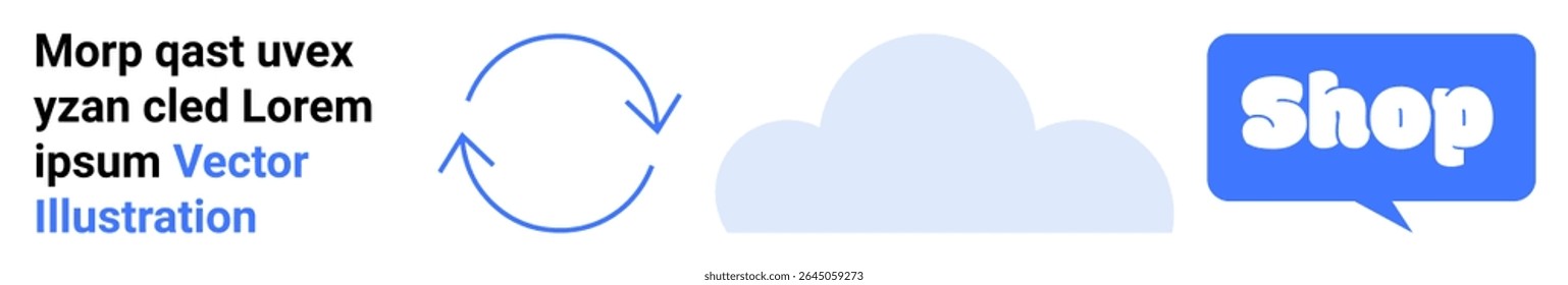 Rotating arrows, cloud shape, and a blue Shop speech bubble. Ideal for cloud computing, e-commerce, online shopping, data synchronization, digital marketing. Banner for landing page