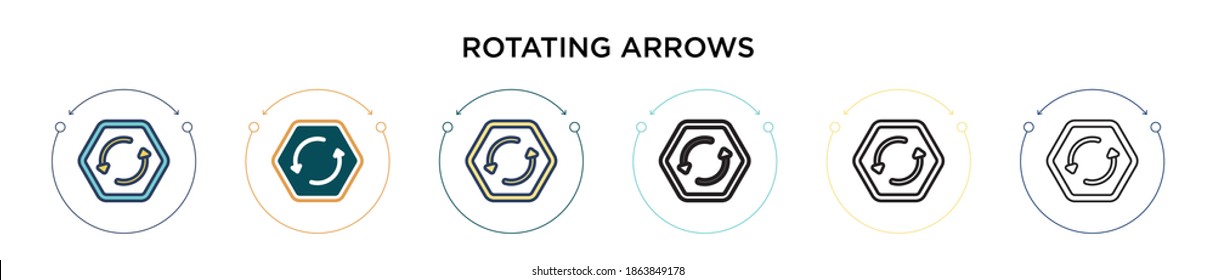 Rotating arrows icon in filled, thin line, outline and stroke style. Vector illustration of two colored and black rotating arrows vector icons designs can be used for mobile, ui, web