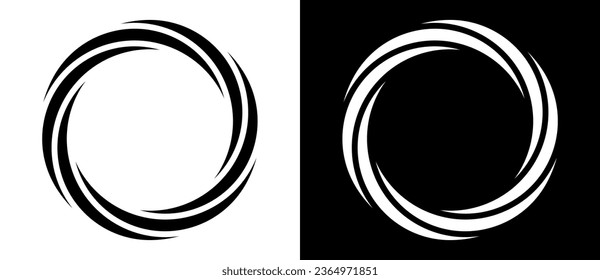 Rotating art lines in circle shape as symbol, logo or icon. A black figure on a white background and an equally white figure on the black side.