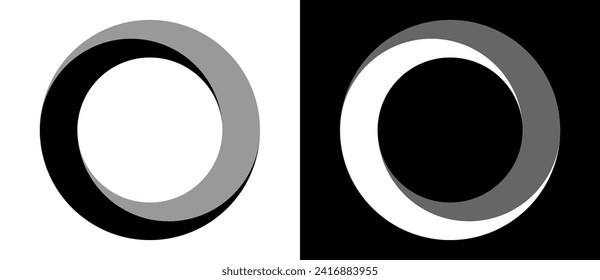 Rotating art lines in circle shape as symbol, logo or icon. Black shape on a white background and the same white shape on the black side.