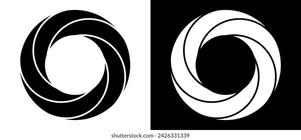 Rotating art lines in circle shape as symbol, logo or icon. A black figure on a white background and an equally white figure on the black side.