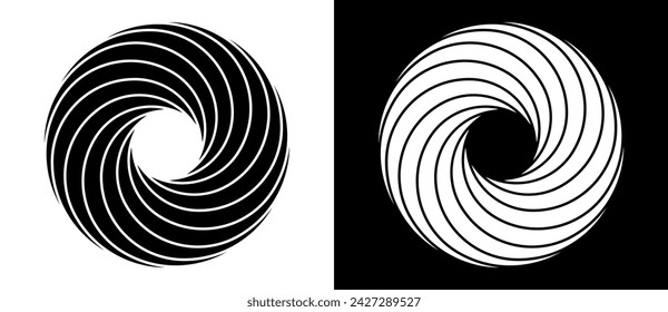 Rotating art lines in circle shape as symbol, logo or icon. A black figure on a white background and an equally white figure on the black side.