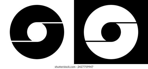 Rotating art lines in circle shape as symbol, logo or icon. A black figure on a white background and an equally white figure on the black side.