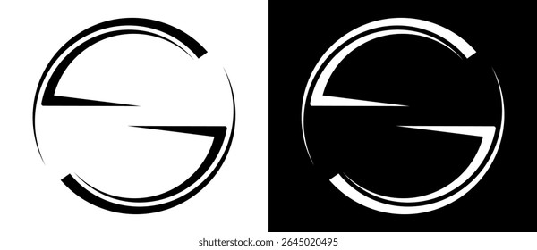 Girar linhas de arte em forma de semicírculo como símbolo, logotipo ou ícone. Forma preta em um plano de fundo branco e a mesma forma branca no lado preto.
