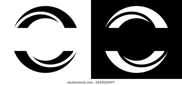 Girar linhas de arte em forma de semicírculo como símbolo, logotipo ou ícone. Forma preta em um plano de fundo branco e a mesma forma branca no lado preto.