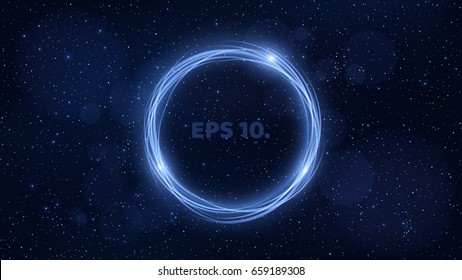 Rotating banner of neon, glowing blue lines against the background of the starry sky. Space pattern for the project. Big and fantastic galaxy. Vector illustration. EPS 10