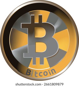 Rotierende Bitcoin Kryptowährung Münze mit dem Symbol und Schrift mit Gold und Silber Farben