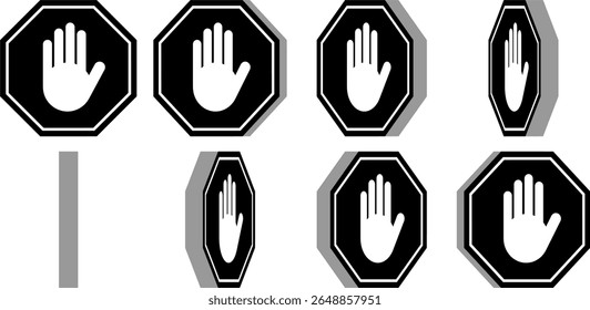 Rotating Black and White Stop Hand Block Octagon Sign or Adblock or Do Not Enter or Forbidden Icon Sprite Sheet for Game and App UI Animation. Vector Image.