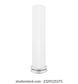 Rotating blank advertising column banner stand vector mockup. White led pillar display realistic mock-up. Trade show tower template