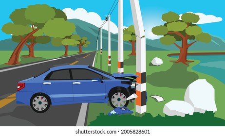 Rotating car crashed into an electric pole on the side of the road until the front was damaged and fractured. Asphalt road leading to the highlands had mountains and blue skies in the background.