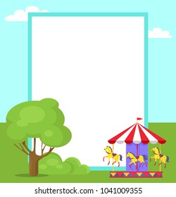 Rotating carousel with horses vector illustration with place for text in white frame. Amusement park advertisement banner in flat style