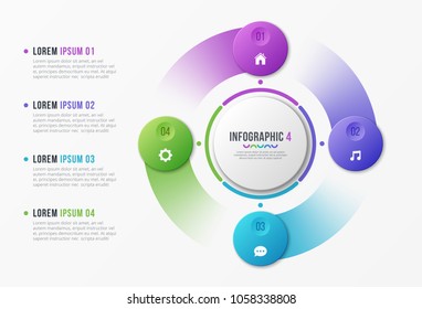 Rotating circle chart template with 4 options. Vector design for infographics, presentations, reports, layouts, projects, visualization. Global swatches.