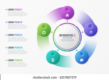 Rotating circle chart template with 5 options. Vector design for infographics, presentations, reports, layouts, projects, visualization. Global swatches.