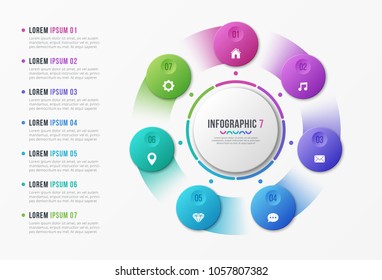 Rotating circle chart template with 7 options. Vector design for infographics, presentations, reports, layouts, projects, visualization. Global swatches.