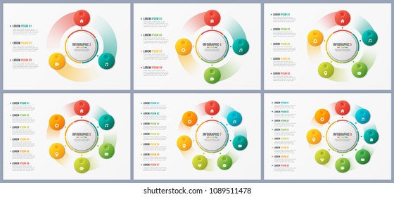 Rotating circle chart templates, infographic designs, visualization concepts with 7 options, steps, processes. Global swatches.