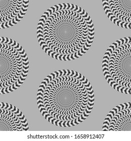 Rotating Circles in black and white, Optical Illusion, Vector Seamless Pattern.
