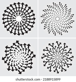 Rotating circular and concentric shapes vector Illustration. Spiral, swirl, twirl element set. Radial geometric element series