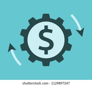 Rotating cog wheel with dollar sign and arrows. Investment, money, market and business concept. Flat design. Vector illustration, no transparency, no gradients