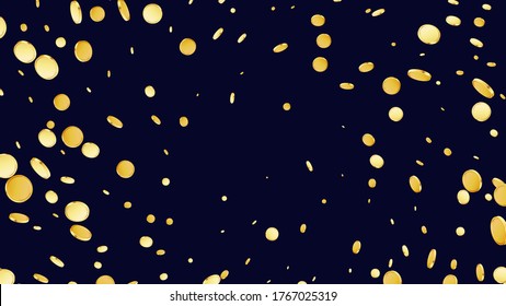 Rotating coins background. Casino jackpot or win concept. Cash fly on black isolated background. Golden money falling. Gambling game jackpot. Vector illustration