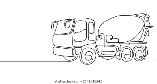 Rotating Concrete Mixer Truck. Continuous One Line Drawing Representing Infrastructure Development and Building Concepts.