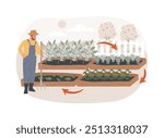 Rotating crops isolated cartoon vector illustrations. Smiling man on farm, crops ripening, growing a series of different plants, sustainable agriculture, organic environment vector cartoon.