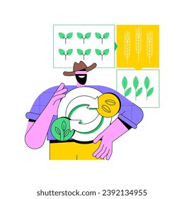Rotating crops isolated cartoon vector illustrations. Smiling man on farm, crops ripening, growing a series of different plants, sustainable agriculture, organic environment vector cartoon.