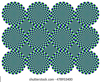 Rotating diamond wheels motion illusion. The wheels with blue and green diamonds seem to move clockwise when moving the eyes from one to another. Called peripheral drift or Fraser Wilcox illusion.