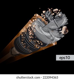 Rotating drill digging a hole in a ground isolated on a black background - vector illustration