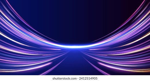 Rotating dynamic neon circle. Colored shiny sparks of spiral wave. Curved bright speed line swirls. Abstract background rotational border lines.	