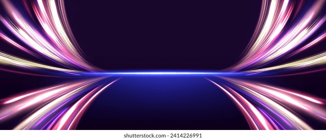 Rotating dynamic neon circle. Colored shiny sparks of spiral wave. Curved bright speed line swirls. Abstract background rotational border lines.	