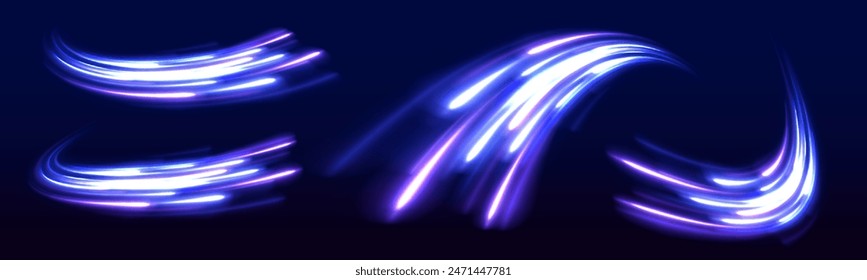 Rotating dynamic neon circle. Colored shiny sparks of spiral wave. Curved bright speed line swirls. Abstract background rotational border lines.	