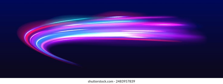 Rotating dynamic neon circle. Colored shiny sparks of spiral wave. Expressway, the effect of car headlights. Low-poly construction of fine lines. Blue background.