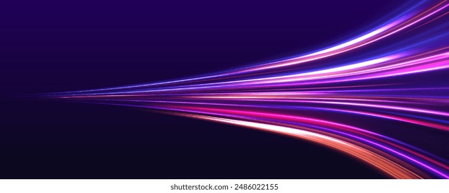 Rotating dynamic neon circle. Colored shiny sparks of spiral wave. Expressway, the effect of car headlights. Low-poly construction of fine lines. Blue background.