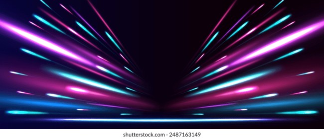 Rotating dynamic neon circle. Colored shiny sparks of spiral wave. Curved bright speed line swirls. Abstract background rotational border lines.	
