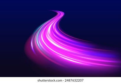 Rotating dynamic neon circle. Colored shiny sparks of spiral wave. Expressway, the effect of car headlights. Low-poly construction of fine lines. Blue background.	