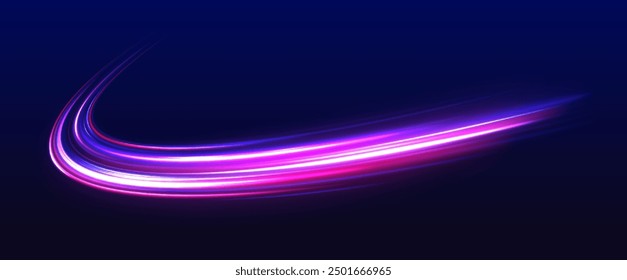 Rotating dynamic neon circle. Colored shiny sparks of spiral wave. Curved bright speed line swirls. Abstract background rotational border lines.	