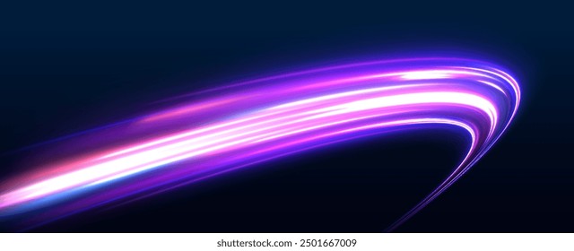 Rotating dynamic neon circle. Colored shiny sparks of spiral wave. Curved bright speed line swirls. Abstract background rotational border lines.	