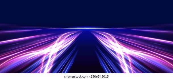 Rotating dynamic neon circle. Colored shiny sparks of spiral wave. Curved bright speed line swirls. Abstract background rotational border lines.	