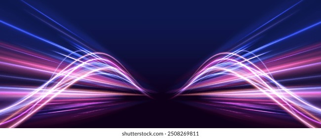 Rotating dynamic neon circle. Colored shiny sparks of spiral wave. Curved bright speed line swirls. Abstract background rotational border lines.	