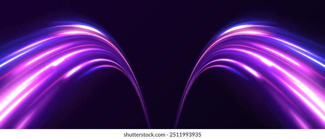 Rotating dynamic neon circle. Colored shiny sparks of spiral wave. Curved bright speed line swirls. Abstract background rotational border lines.	