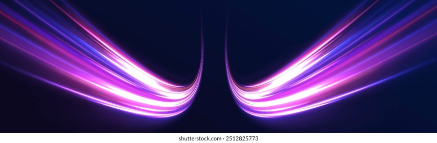 Rotating dynamic neon circle. Colored shiny sparks of spiral wave. Curved bright speed line swirls. Abstract background rotational border lines.	