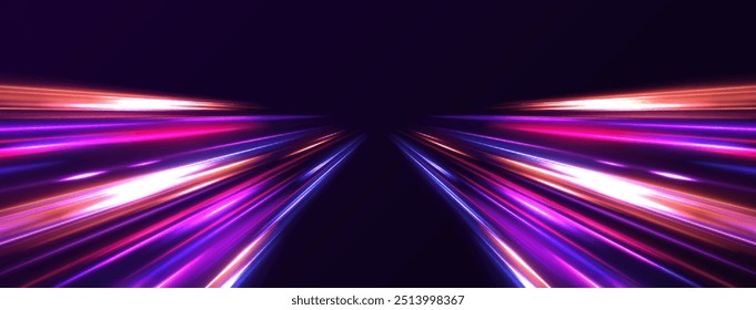 Rotating dynamic neon circle. Colored shiny sparks of spiral wave. Curved bright speed line swirls. Abstract background rotational border lines.	