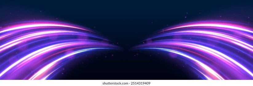 Rotating dynamic neon circle. Colored shiny sparks of spiral wave. Curved bright speed line swirls. Abstract background rotational border lines.	