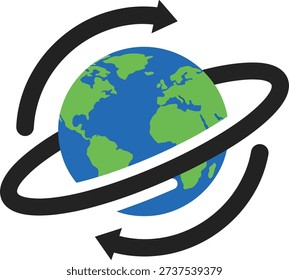 Rotating earth with circular arrows representing global cycle, sustainability loop, and continuous planetary movement. Flat vector illustration.