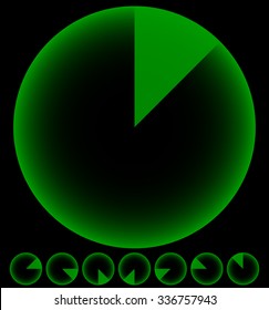 Rotating empty radar screen or sonar display. Segmented circles with thin slices.