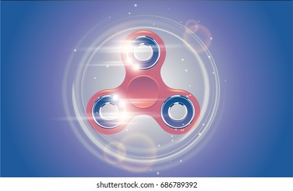 Rotating fidget finger spinner stress relief hand toy with motion light effect, flare, sparks. Creative vector illustration. Label, web banner, advertisement, brochure. Retro style purple background.