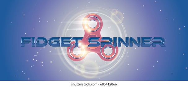 Rotating fidget finger spinner web banner with black text. Stress relief hand toy with motion light effect, flare, sparks. Vector for label, advertisement, brochure. Retro style purple background.